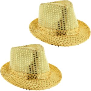 Funny Fashion Carnaval verkleed Trilby hoedje met glitter pailletten - 2x - goud - heren/dames