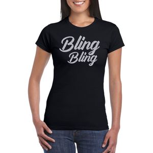 Bellatio Decorations Glitter en Glamour feest t-shirt dames - bling bling zilver - zwart