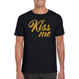 Kiss me goud tekst t-shirt zwart heren kus me - Glitter en Glamour goud party kleding shirt
