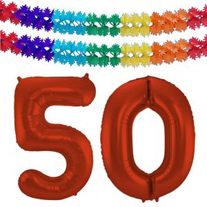 Leeftijd feestartikelen/versiering grote folie ballonnen 50 jaar rood 86 cm + slingers