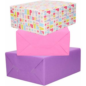 3x Rollen kraft inpakpapier roze/paars/happy birthday 200 x 70 cm