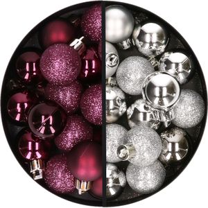 34x stuks kunststof kerstballen aubergine paars en zilver 3 cm