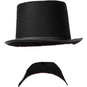 Carnaval verkleed set Aristoctaat/Gentleman - hoge hoed met plaksnor - Heren