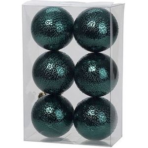 6x Kunststof kerstballen cirkel motief petrol blauw 6 cm kerstboom versiering/decoratie
