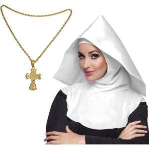 4x stuks nonnen carnaval verkleed setje van hoofdkap kraag en gouden kruis aan ketting