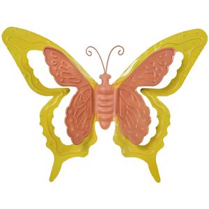 Mega Collections tuin/schutting decoratie vlinder - metaal - oranje - 17 x 13 cm