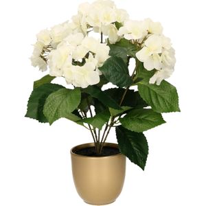 Hortensia kunstplant/kunstbloemen 40 cm - wit - in pot goud mat - Kunst kamerplant