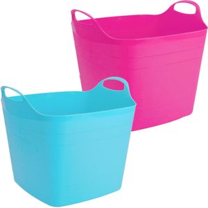 Voordeelset van 2x stuks kunststof flexibele emmers/wasmanden/kuipen 40 liter in het roze/blauw