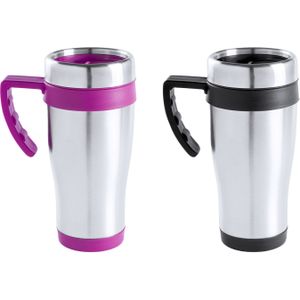 Warmhoudbekers/thermos isoleer koffiebekers/mokken - 2x stuks - RVS - zwart en roze - 450 ml