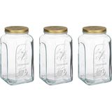 Pasabahce Voorraadpot/bewaarpot Square - 3x - glas - 3L - transparant/goud - D13 x H25 cm - voedsel bewaren