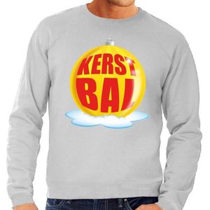 Foute feest kerst sweater met gele kerstbal op grijze sweater voor heren