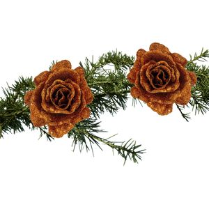 2x stuks kerstboom bloemen roos koper glitter op clip 10 cm