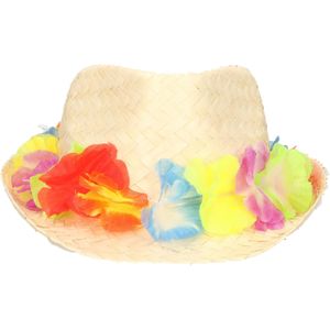 Toppers in concert Stro verkleed hoedje met Hawaii party krans