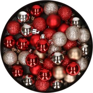 Kleine kunststof kerstversiering 40x stuks set en 3 cm kerstballen in het champagne en rood