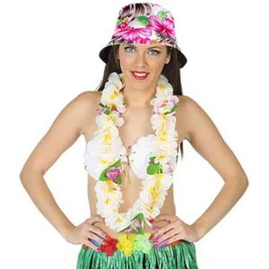 Carnaval verkleed set - Tropische Hawaii party - bucket hoedje wit - met bloemenslinger wit