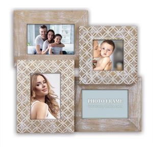 Multi fotolijst met houten frame naturel/wit vintage met 4 lijstjes geschikt voor diverse maten foto