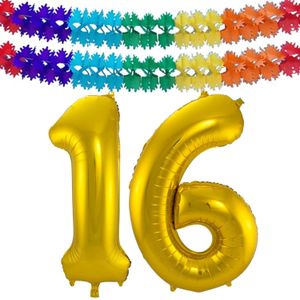 Leeftijd feestartikelen/versiering grote folie ballonnen 16 jaar goud 86 cm + slingers