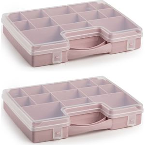 2x stuks opbergkoffertje/opbergdoos/sorteerboxen 13-vaks kunststof oud roze 27 x 20 x 3 cm