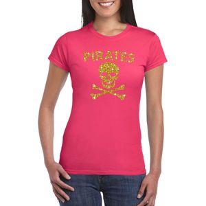 Carnaval foute party piraten t-shirt / kostuum roze dames met gouden glitter bedrukking