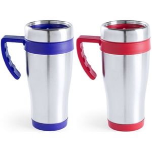 Set van 2x stuks zilverkleur warmhoudbekers/isoleer bekers met rand rood en blauw 500 ml