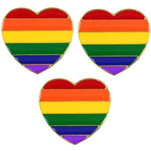 3x Regenboogvlag kleuren metalen hartje broche 3 cm