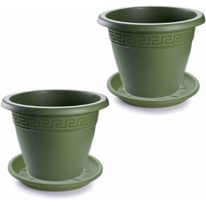3x stuks bloempotten met onderschaal donkergroen rond diameter 40 cm
