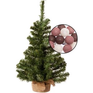 Mini kerstboom groen met verlichting - in jute zak - H60 cm - kleur mix rood