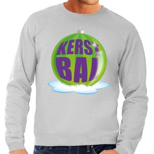 Foute feest kerst sweater met groene kerstbal op grijze sweater voor heren