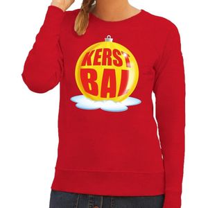 Foute feest kerst sweater met gele kerstbal op rode sweater voor dames