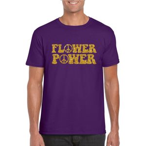 Paars Flower Power t-shirt peace tekens met gouden letters heren - Sixties jaren 60 kleding