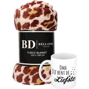 Cadeau oma set - Fleece plaid/deken panter print met Oma jij bent de liefste mok