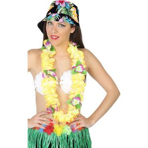 Carnaval verkleed set - Tropische Hawaii party - bucket hoedje zwart - met bloemenslinger geel