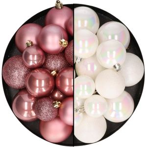 Kerstballen 60x stuks - mix oudroze/parelmoer wit - 4-5-6 cm - kunststof