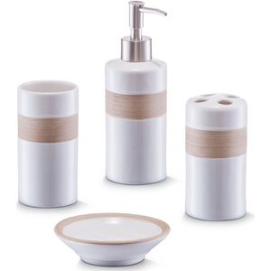 Zeller badkamer/toilet accessoires set 4-delig - keramiek - wit/beige