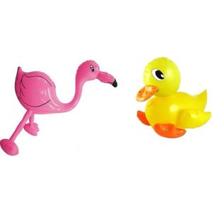 2x Opblaasbare decoratie eendje en flamingo
