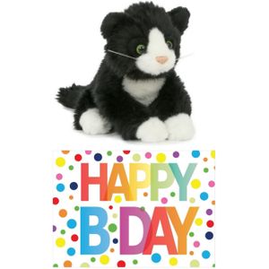 Cadeau Setje Pluche Zwart/Witte Kat/Poes Knuffel 18 cm met Grote A5 Formaat Happy Birthday Wenskaart