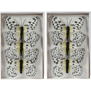 Decoris decoratie vlinders op clip - 6x - wit - 12 x 8 cm