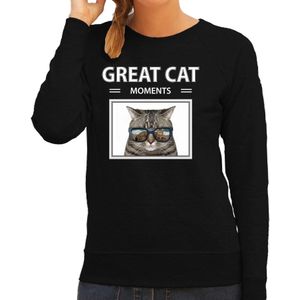 Grijze kat foto sweater zwart voor dames - great cat mowoments cadeau trui katten liefhebber