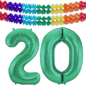 Leeftijd feestartikelen/versiering grote folie ballonnen 20 jaar glimmend groen 86 cm + slingers