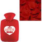 Liefste mama warmwaterkruik rood 2 liter fleece hoes en rozenblaadjes