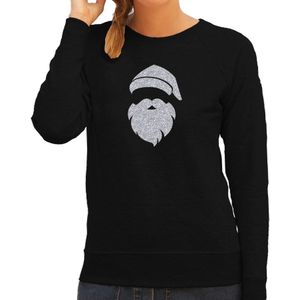 Kerstman hoofd Kerst sweater / trui zwart voor dames met zilveren glitter bedrukking