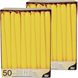 100x stuks Voordeelverpakking dinerkaarsen geel - 25 cm - 7 branduren
