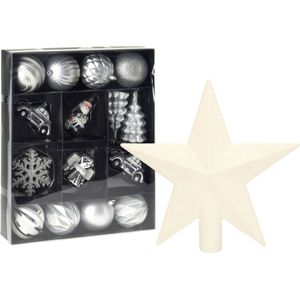 Kerstballen en ornamenten incl. ster piek zilver/wit kunststof