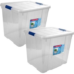 2x Opbergboxen/opbergdozen met deksel 35 liter kunststof transparant/blauw - 42 x 35 x 35 cm - Opbergbakken