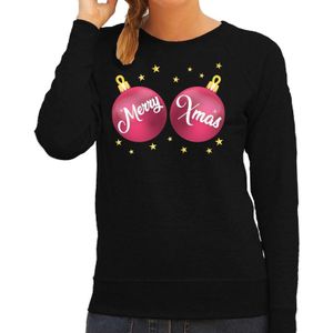 Zwarte kersttrui / kerstkleding met roze Merry Xmas voor dames