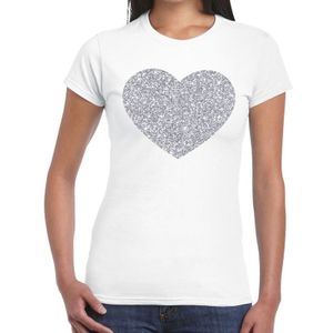Zilveren hart glitter fun t-shirt wit voor dames