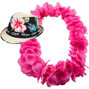 Hawaii thema party verkleedset - Trilby strohoedje - bloemenkrans knalroze - Tropical toppers