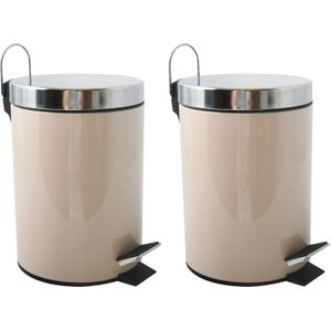 MSV Prullenbak/pedaalemmer - 2x - metaal - beige - 3 liter - 17 x 25 cm - Badkamer/toilet