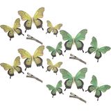 Othmar Decorations Decoratie vlinders op clip 12x stuks - geel/groen - 12/16/20 cm
