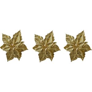 3x stuks decoratie bloemen kerstster goud glitter op clip 23 cm
